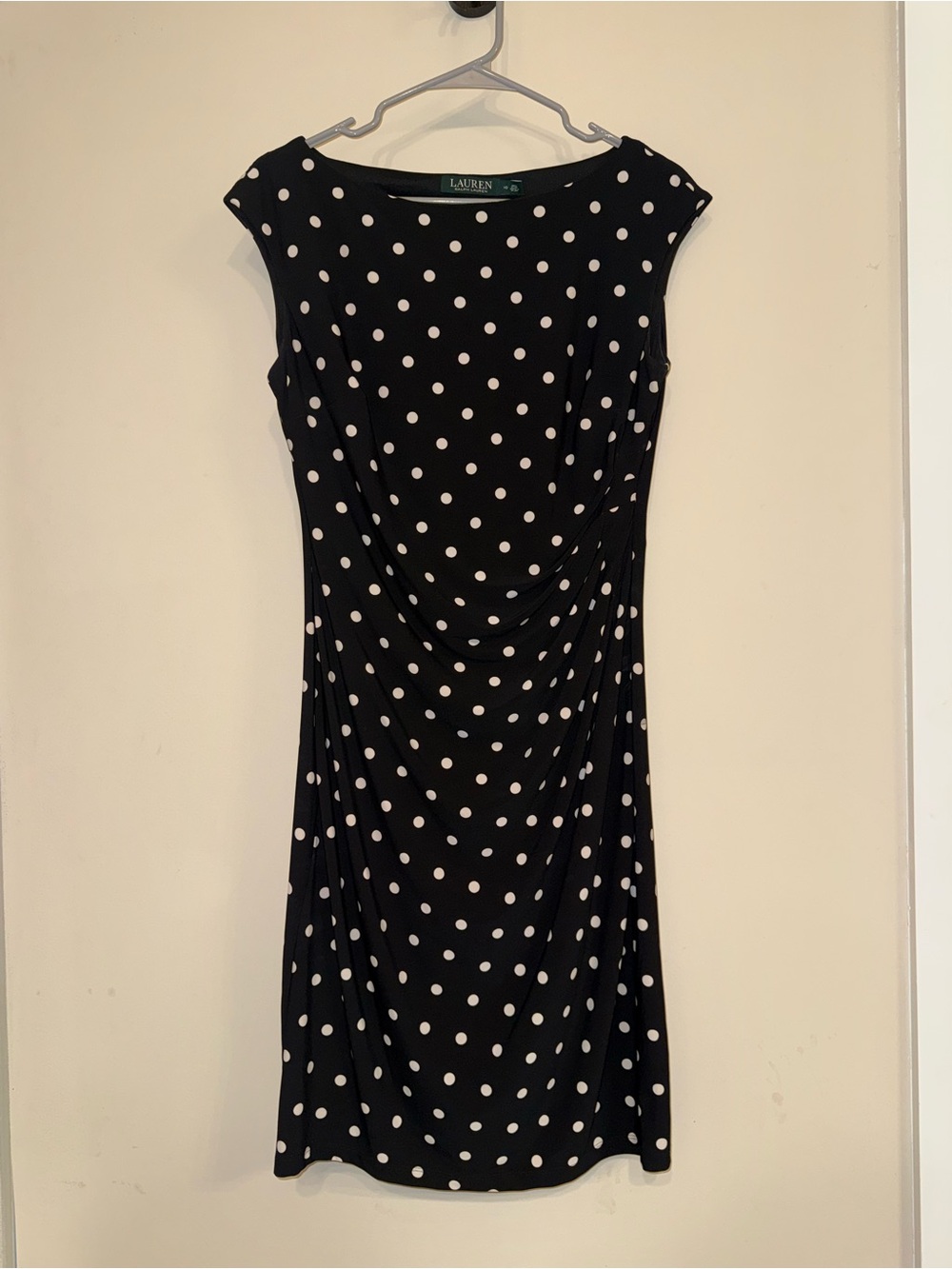 Ralph Lauren Black & White Polka Dot Draped Sheath Dress
